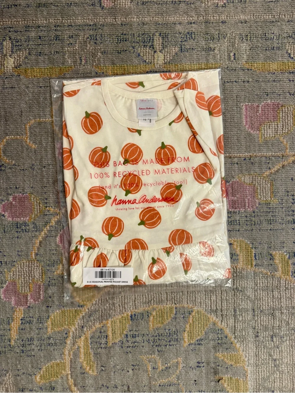 Hanna Andersson Girls Long Sleeve Pumpkin Print Dress for Fall Size Small